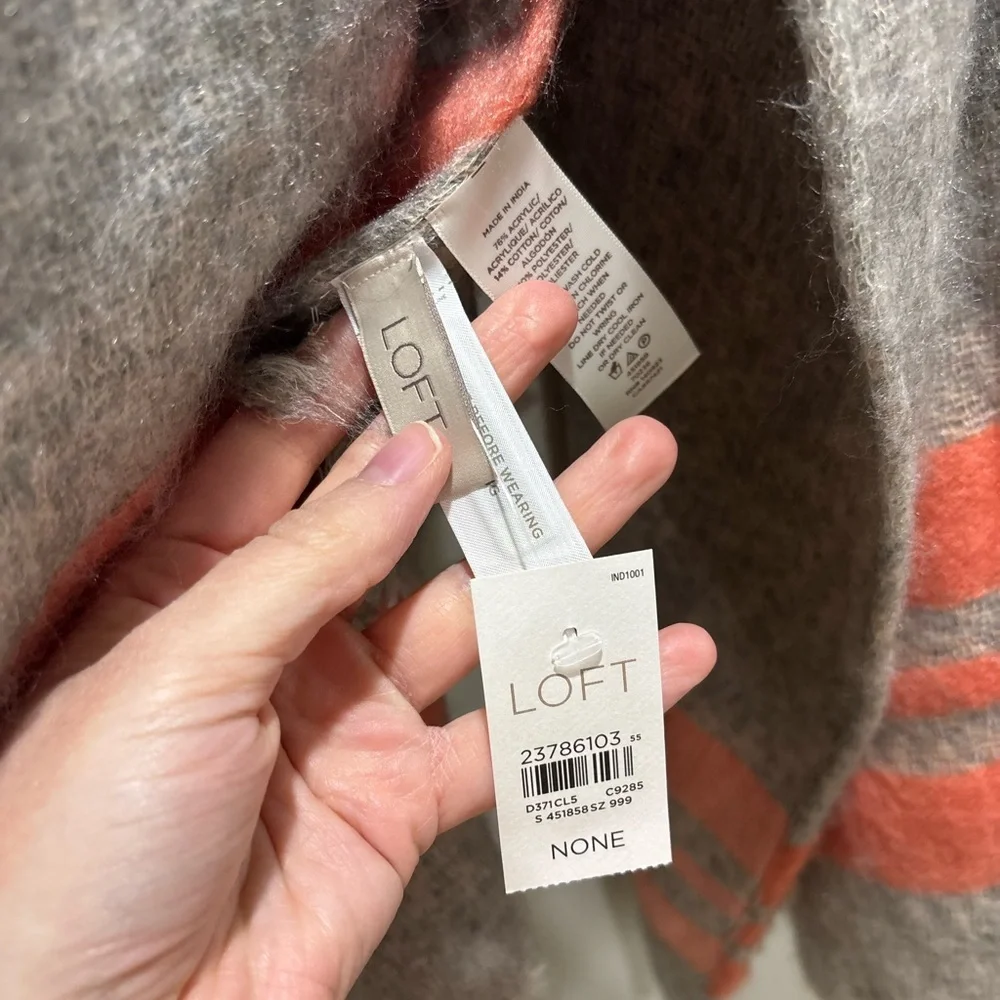 LOFT Gray/Taupe with Coral Stripe Accent Frayed Scarf Coastal Preppy NEW